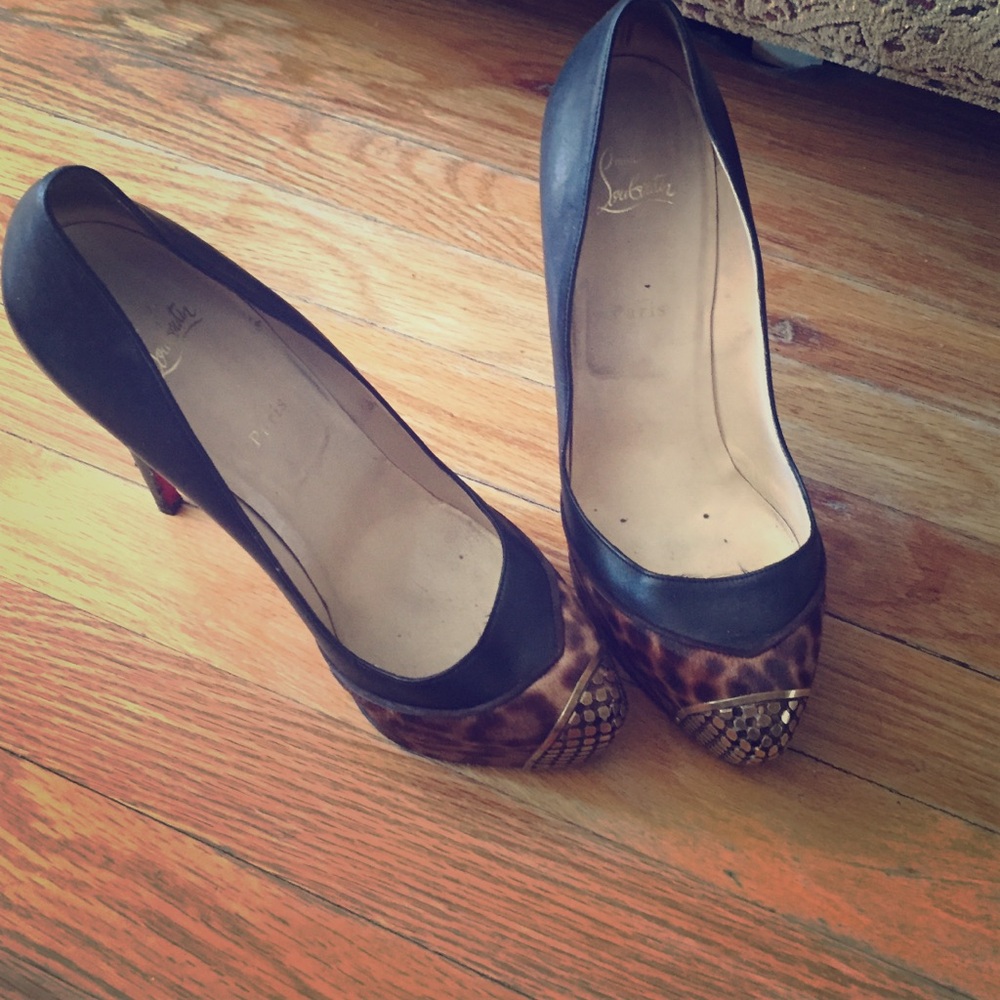 Christian Louboutin Leopard Print Cap-Toe Pumps in Black and Brown